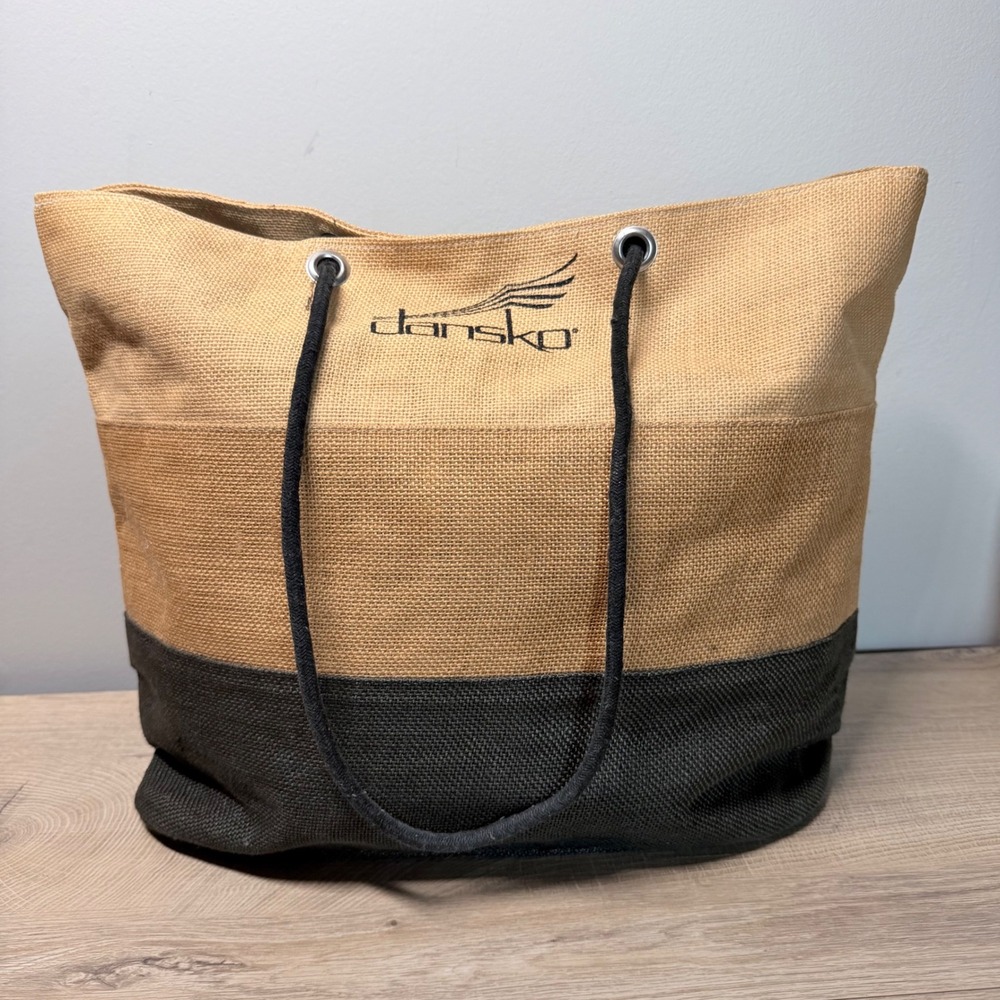 Dansko Tote Bag Women Large Tan Black Burlap Jute Rope Handle Gingham Lining Bag